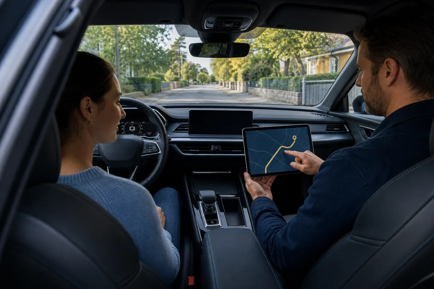 Elev och trafiklärare går igenom lektionsrutten i en automatväxlad bil